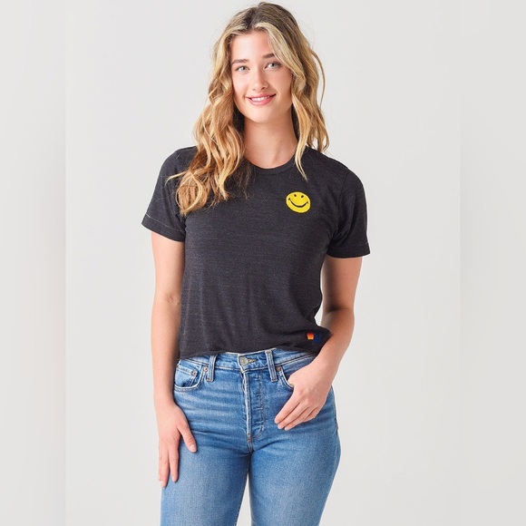 Aviator Nation Tops - AVIATOR NATION Women's Smiley Stitch Boyfriend Tee | Color: Charcoal | EUC!!😃🌈